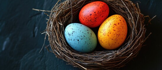 Aufkleber - Colorful Easter eggs nestled in a rustic nest offering space for personalized text and seasonal decoration ideas.