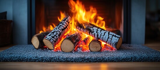 Aufkleber - Warm log fire creating a cozy atmosphere with vibrant flames and glowing embers in a rustic fireplace setting