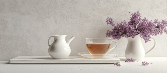 Poster - Elegant morning tea setup with lilac flowers white teapot and clear cup on a rustic white wood surface ideal for breakfast concepts