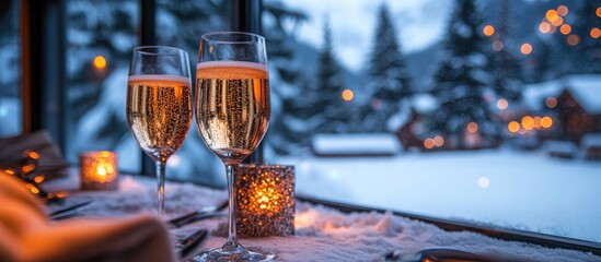 Poster - Elegant champagne glasses set on a festive table with snow-covered pine trees and twinkling lights in a cozy winter setting.