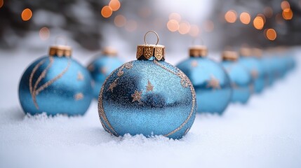 Poster - Blue glittering Christmas baubles on snow with blurred fairy lights in the background creating a festive winter atmosphere