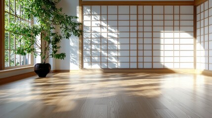 Poster - Transforming spaces japanese minimal interior design featuring parquet flooring soft shadows and indoor plants