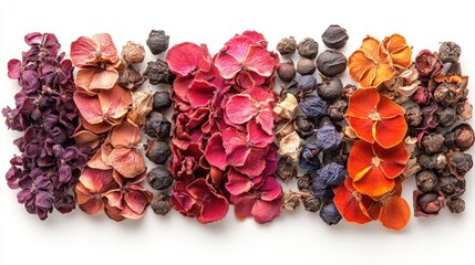 Poster - Colorful dried botanical spices arranged artistically on a white background showcasing natural beauty and culinary diversity