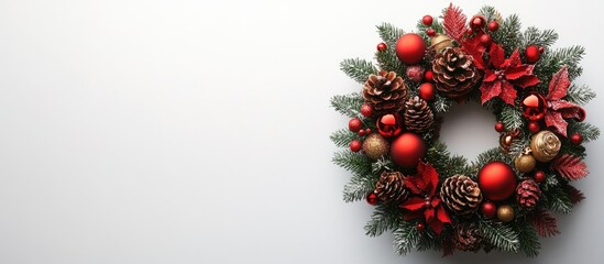 Aufkleber - Festive Christmas wreath adorned with red ornaments and pinecones on a clean white background for holiday decoration concepts