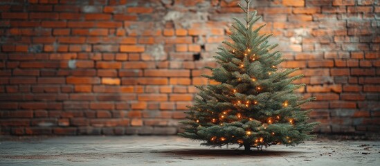 Poster - Christmas tree decorated with lights in an empty room against a rustic brick wall setting for holiday-themed designs and visuals