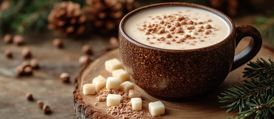 Poster - Cozy cup of cocoa topped with brown sugar next to conifer branches on rustic wooden surface perfect for winter celebrations