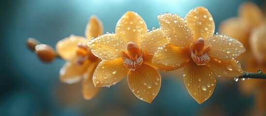 Poster - Yellow orchids with droplets in soft focus background showcasing natural beauty and elegance of floral design