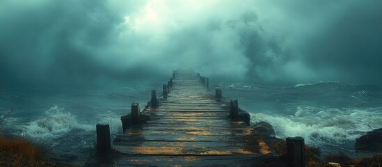 Poster - Mysterious dock extending into a stormy sea under dramatic cloudy skies showcasing nature's raw beauty and tranquility.