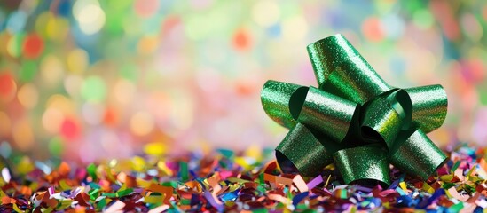 Poster - Festive green bow placed on vibrant colorful confetti background ideal for celebration and party themes.