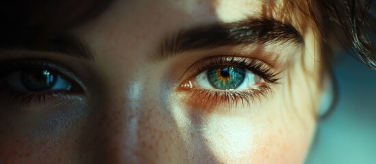 Aufkleber - Close up of a woman's captivating eyes showcasing their striking colors and textures with soft lighting and natural beauty details.