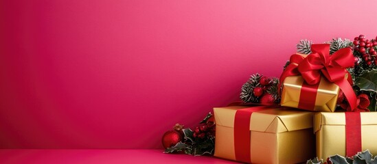 Aufkleber - Gold Christmas gift boxes with red ribbon on pink background creating a festive atmosphere with ample copy space for seasonal promotions