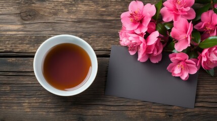 Poster - Cup of black tea with flowers and a blank card on rustic wooden surface creating a cozy and inviting atmosphere for relaxation and reflection