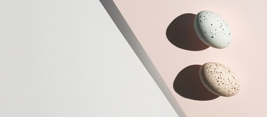 Poster - Easter eggs on pastel backdrop creating a minimalistic holiday decoration with copy space for text in a flat lay composition