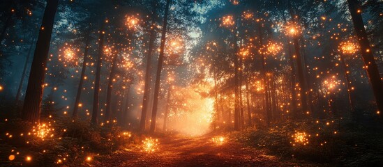 Poster - Magical forest scene illuminated by vibrant fireworks amidst tall trees and a misty atmosphere at dusk.