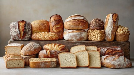 Fototapete - Variety of freshly baked artisan breads displayed on a rustic wooden board showcasing different shapes and textures for culinary design inspiration