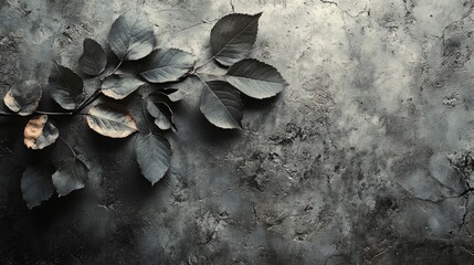 Poster - Dry leaves resting on weathered cement floor with textured backdrop showcasing nature's beauty in an aged setting