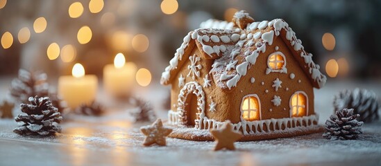 Poster - Charming gingerbread house centerpiece with festive decor and warm candlelight for a cozy holiday family gathering