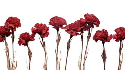 Poster - Dried red carnations arranged in a row on a clean white background showcasing their texture and vibrant color contrast