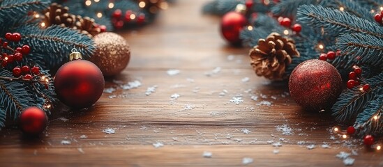 Poster - Winter holiday backdrop featuring Christmas tree branches with ornaments and pinecones on a wooden surface adorned with sparkling snowflakes