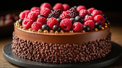 Poster - Chocolate cake adorned with fresh berries and shimmering gold accents on a rustic wooden background