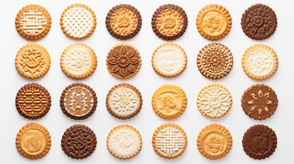 Poster - Assorted round cookies in various designs on a white background mockup for bakery artwork and promotional materials
