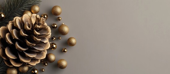 Aufkleber - Elegant Christmas wooden backdrop with pinecone and golden ornaments for festive seasonal designs and presentations
