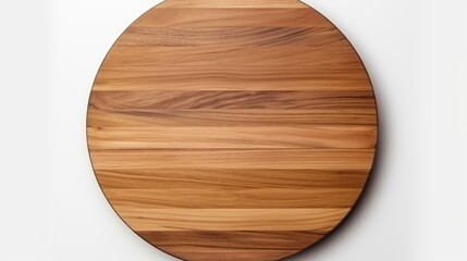 Poster - Round wooden table set against a white background showcasing its natural grain and texture from a top view perspective.