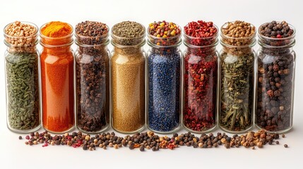 Poster - Assorted glass jars filled with colorful spices arranged in a row on a white background showcasing culinary diversity and flavor options
