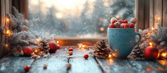Aufkleber - Cozy holiday scene featuring a cup filled with ornaments and lights on a wooden surface with a wintery background