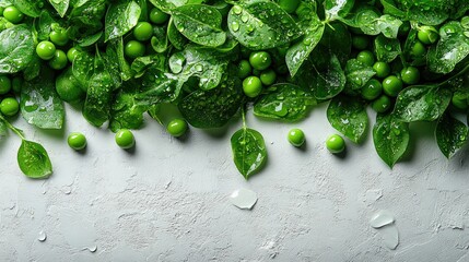 Poster - Fresh green peas and leaves with droplets against textured white background for healthy food concepts and culinary inspiration