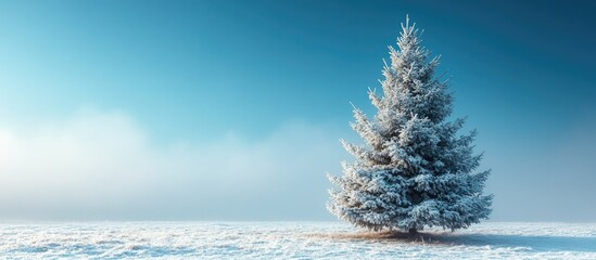 Poster - Snow-covered evergreen tree under a clear blue sky creating a serene winter landscape in daylight