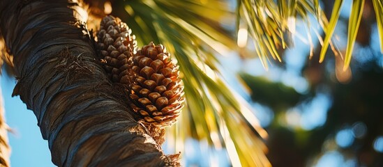 Aufkleber - Pine cones nestled among palm fronds with a vibrant tree backdrop capturing nature's beauty and tropical vibes
