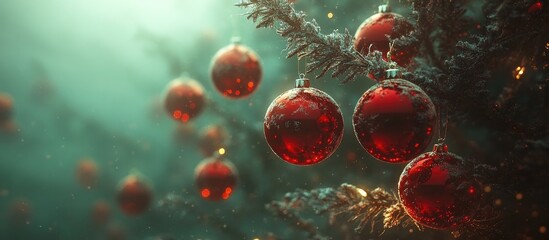 Poster - Red Christmas tree ornaments hanging from a lush green tree creating a festive and warm holiday atmosphere with soft glowing lights