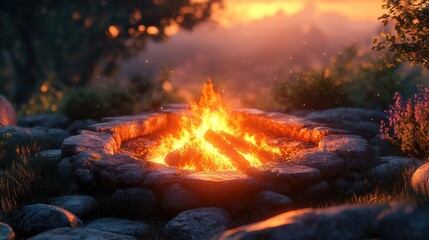 Poster - Warm and inviting campfire glowing in a scenic outdoor setting surrounded by nature and rocks at sunset