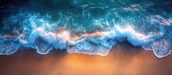 Poster - Aerial view of ocean waves crashing on a light brown sandy beach creating a serene coastal landscape scene
