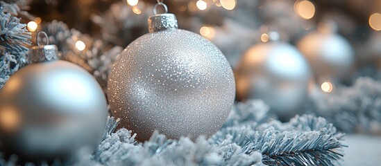 Poster - Close up of a shimmering silver ornament on a beautifully decorated Christmas tree highlighting tinsel garland and festive glitter balls