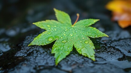 Poster - Raindrops on a vibrant green maple leaf resting on a dark wet stone surface in nature's serene environment.