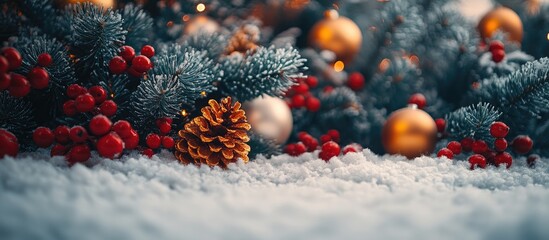 Poster - Luxurious Christmas tree decorations with white carpet resembling snow surrounded by pinecones, red berries, and golden ornaments.
