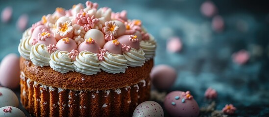 Aufkleber - Easter cake with pastel icing and decorated eggs surrounded by gingerbread on a blue background with a soft focus effect