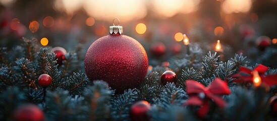 Aufkleber - Vibrant Christmas tree adorned with red ornaments bows and warm lights creating a festive holiday atmosphere during sunset celebrations