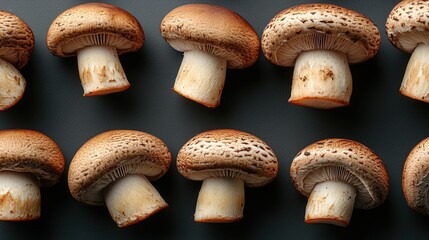 Poster - Fresh brown mushrooms arranged neatly on a dark backdrop showcasing their natural textures and shapes for culinary or health-related use.