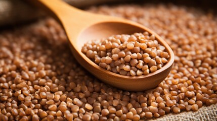Poster - Buckwheat groats in a wooden spoon with burlap background showcasing healthy grains for culinary and nutritional uses.