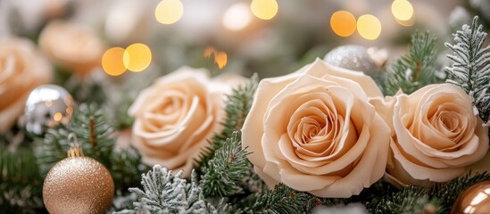 Aufkleber - Elegant Christmas wreath featuring soft beige roses and shimmering glass ornaments surrounded by festive greenery and warm bokeh lights.