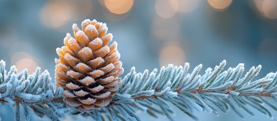 Aufkleber - Frosted pinecone resting on evergreen spruce branch in serene snowy landscape highlighting winter beauty and natural tranquility