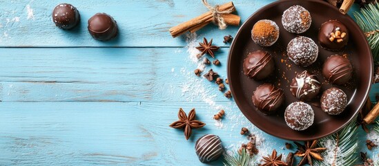 Poster - Festive chocolate truffles with spices on a blue wooden table for a cozy holiday atmosphere and seasonal indulgence