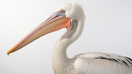 Poster - Dalmatian Pelican portrait showcasing elegant features and vibrant bill details against a minimalistic white background