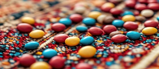 Poster - Vibrant assortment of colorful candies scattered on an intricate traditional carpet design