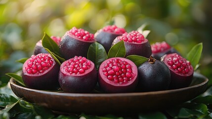 Poster - Freshly sliced mangosteen fruits beautifully arranged on a wooden plate surrounded by lush green leaves.