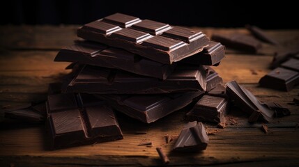 Aufkleber - Rich dark chocolate bars artistically arranged on a rustic wooden surface with scattered pieces highlighting its texture and depth.
