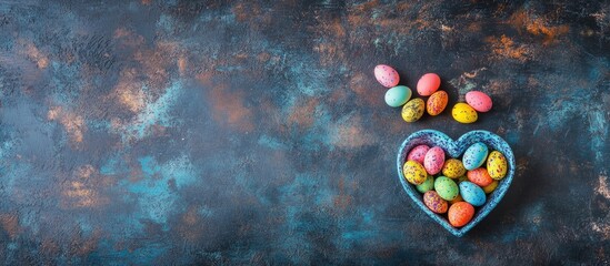 Poster - Vibrant Easter flat lay with colorful eggs in a heart-shaped bowl and textured background ideal for seasonal greetings and promotions